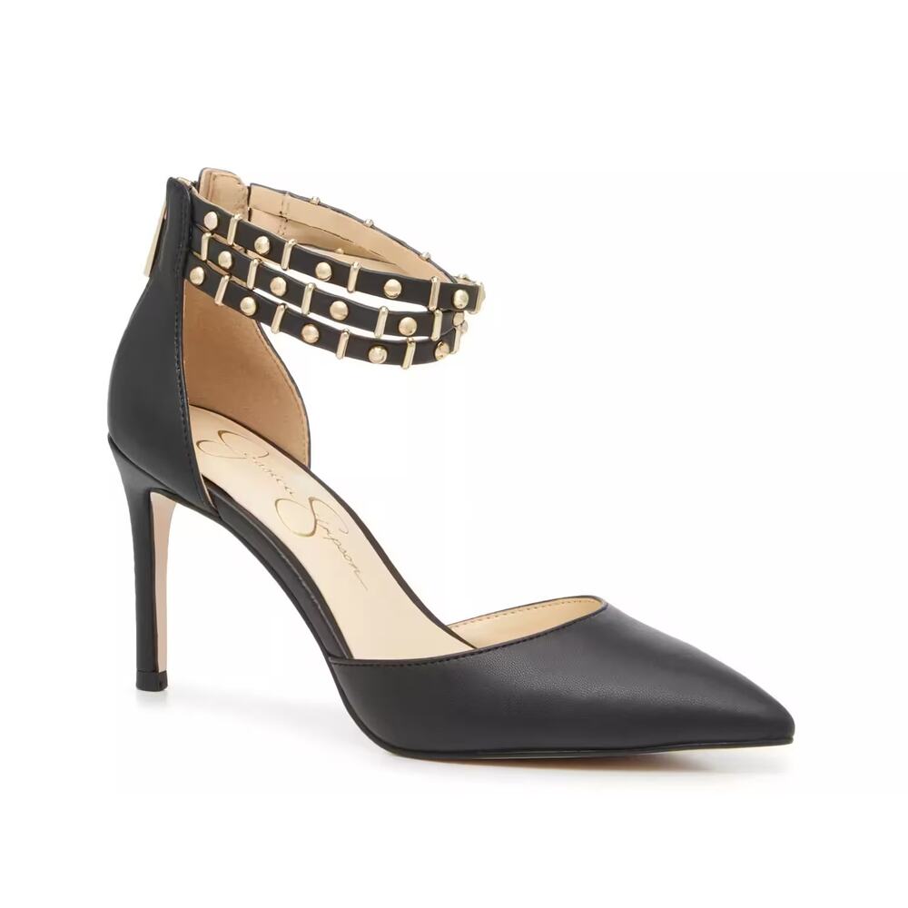 Jessica Simpson 9 Black Faux Leather Stanika Studded Pointed Stiletto Heel Pumps